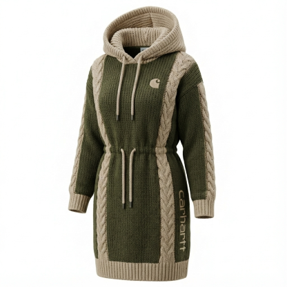 Outdoor Utility Cable Knit Patchwork Drawstring Waist Hooded Dress
