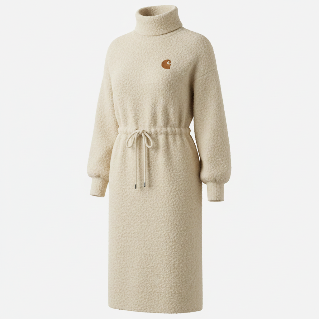 Minimalist Cozy Sherpa Fleece Turtleneck Drawstring Waist Long Dress