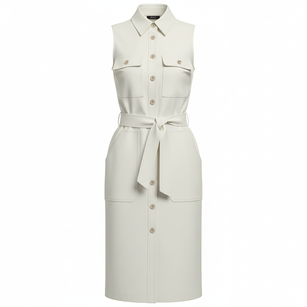 Minimalist Utility Sleeveless Button Down Tie Waist Shirt Dress