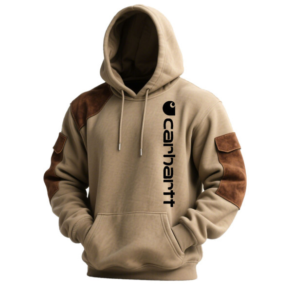 Men's Vintage Khaki Brown Suede Pocket Hoodie and Sweatpants Jogger Set