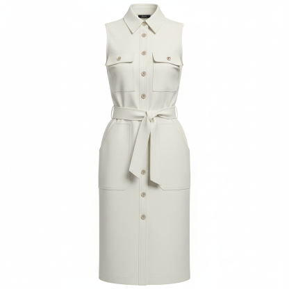 Minimalist Utility Sleeveless Button Down Tie Waist Shirt Dress
