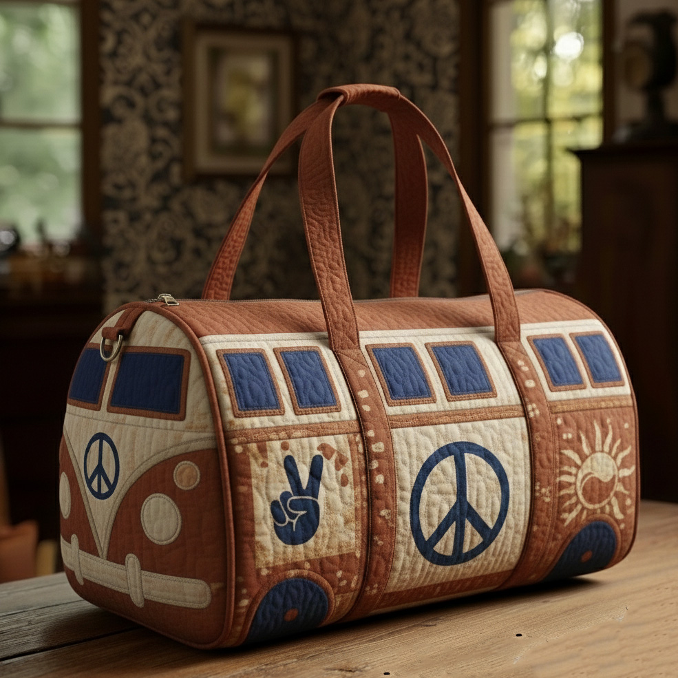 Ethnic Retro Style Floral Bus Quilted Embroidery Weekend Duffle Bag