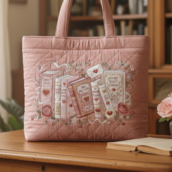 Vintage Coquette Embroidered Romance Novel Quilted Canvas Tote Bag