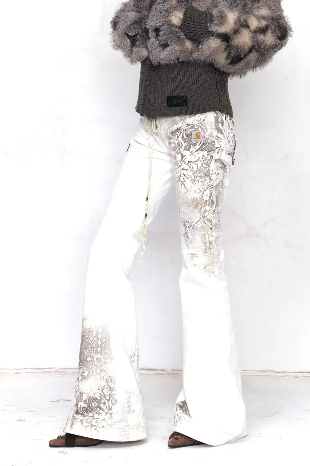 Bohemian white floral print lace up waist flared denim pants
