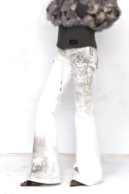 Bohemian white floral print lace up waist flared denim pants