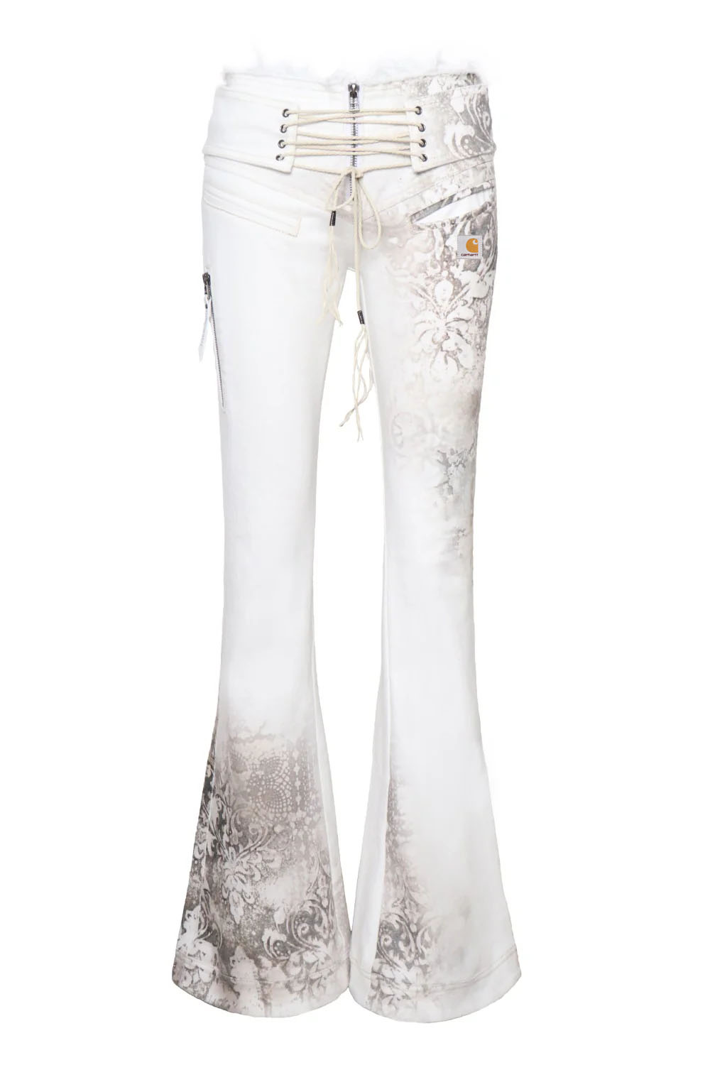 Bohemian white floral print lace up waist flared denim pants