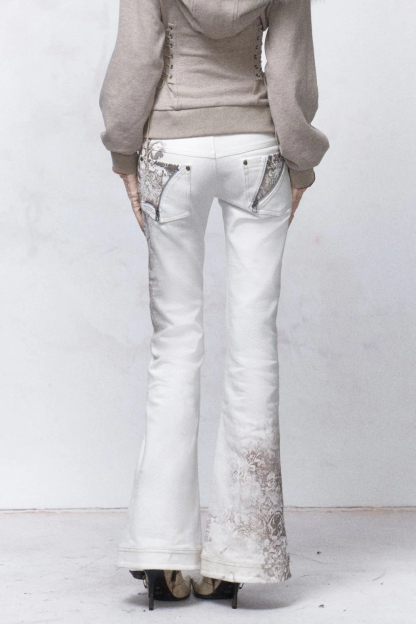 Bohemian white floral print lace up waist flared denim pants