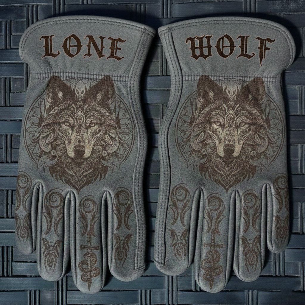 Nordic Tribal Lone Wolf Grey Leather Motorcycle Riding Gloves