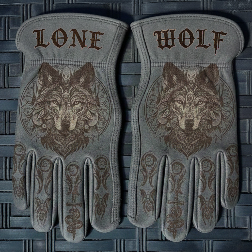 Nordic Tribal Lone Wolf Grey Leather Motorcycle Riding Gloves