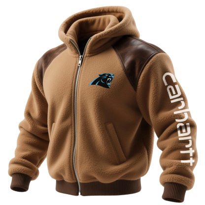 Carolina Panthers Retro Fleece Color Block Leather Turtleneck Hooded Jacket