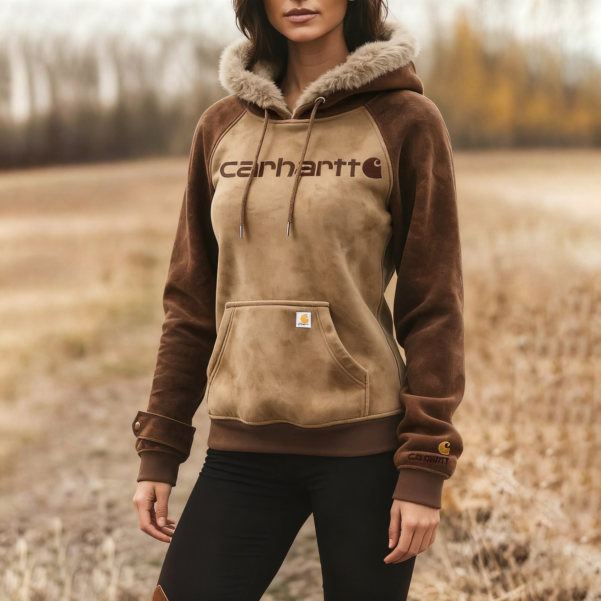 Women's suede contrast hooded sweatshirt