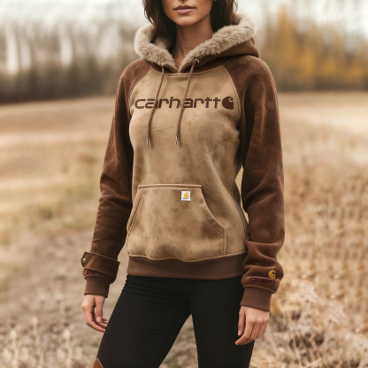 Women's suede contrast hooded sweatshirt