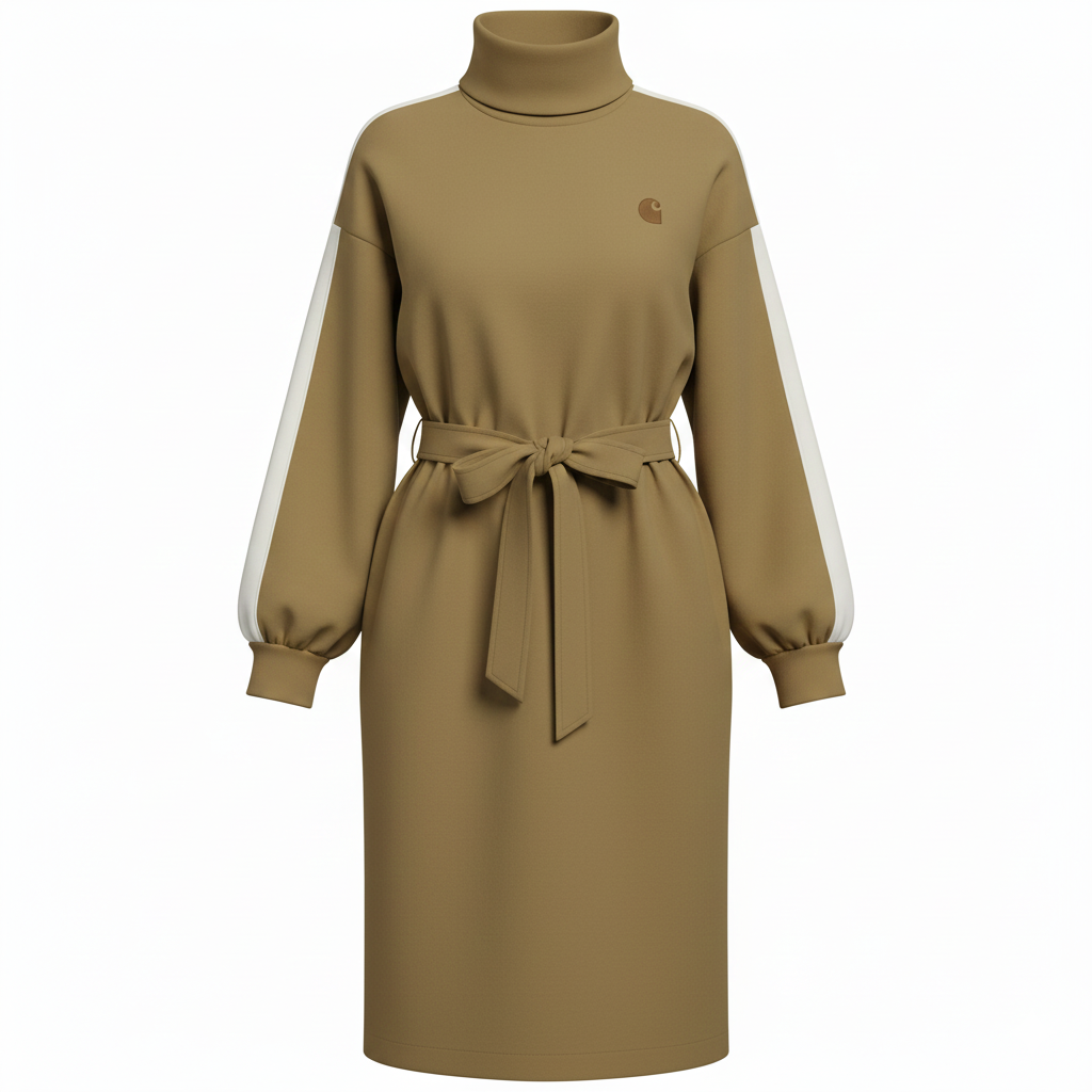 Elegant Sporty High Neck Striped Sleeve Belted Sweatshirt Dress