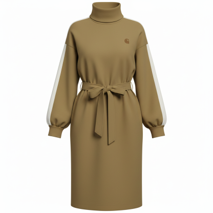 Elegant Sporty High Neck Striped Sleeve Belted Sweatshirt Dress