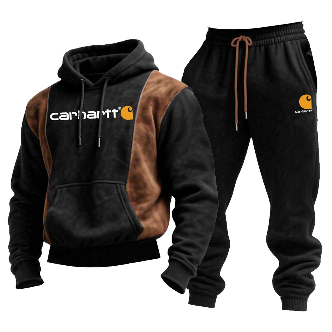 Men's Vintage Black Brown Suede Color Block Hoodie And Sweatpants Set