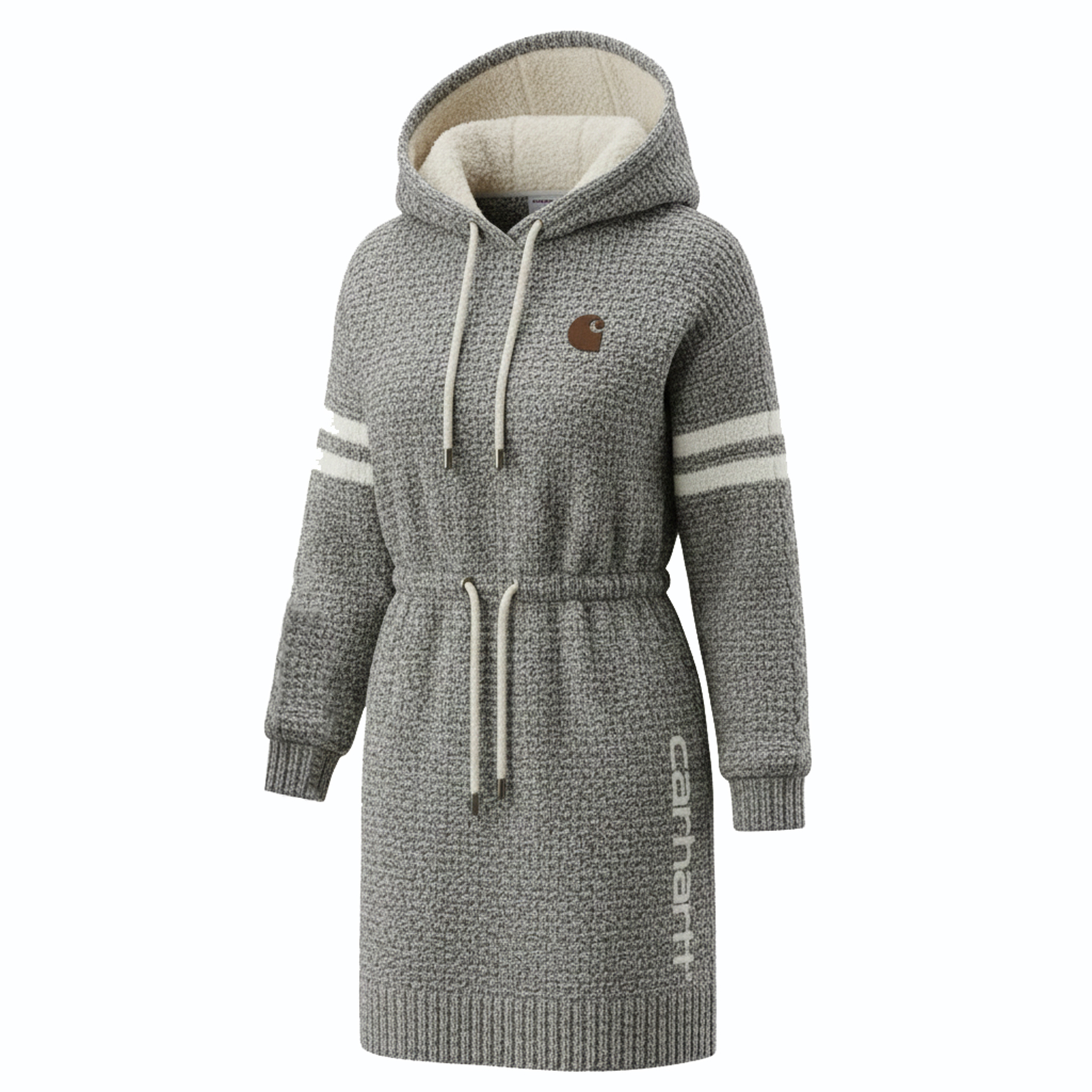 Leisure Sporty Teddy Fleece Striped Sleeve Drawstring Hooded Dress