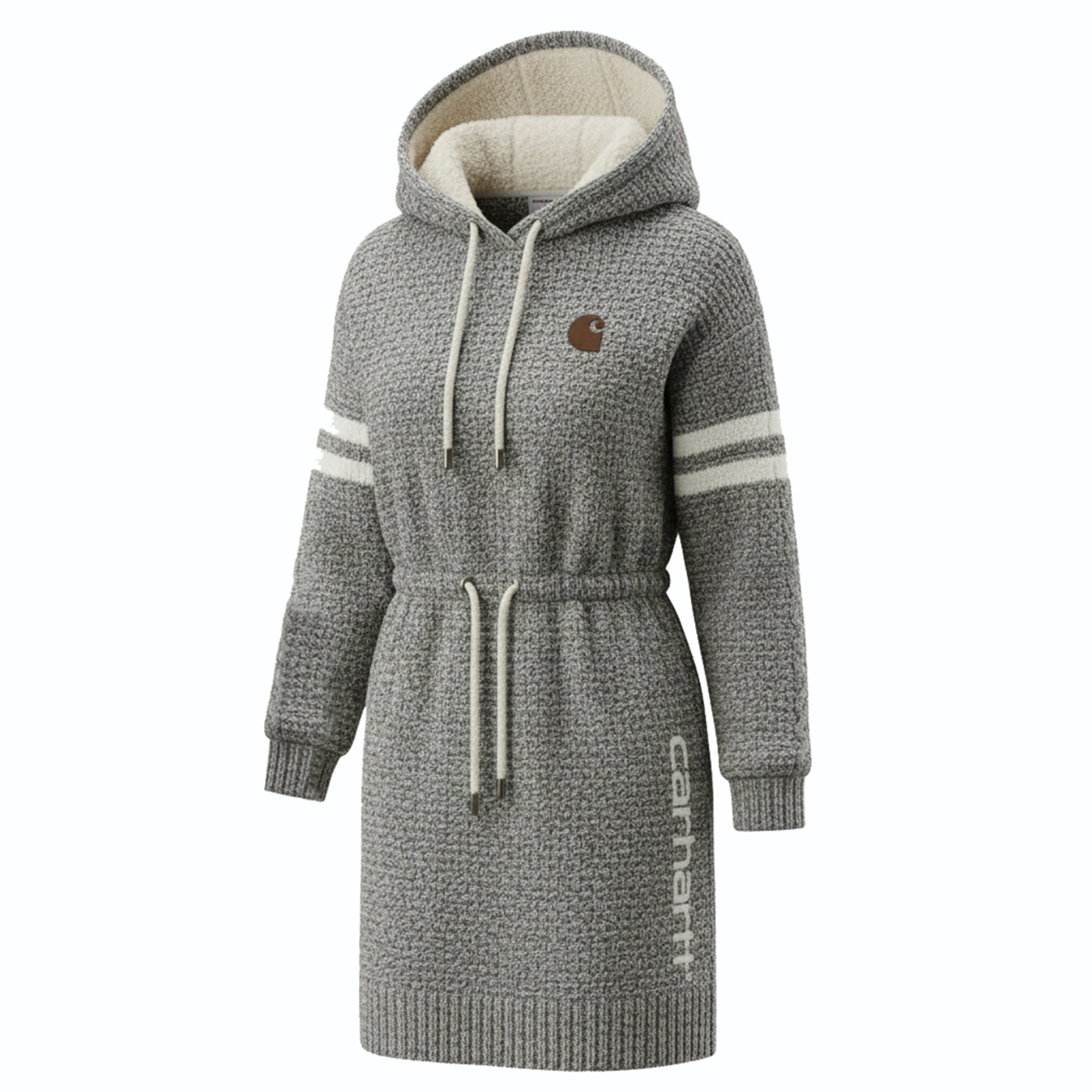 Leisure Sporty Teddy Fleece Striped Sleeve Drawstring Hooded Dress