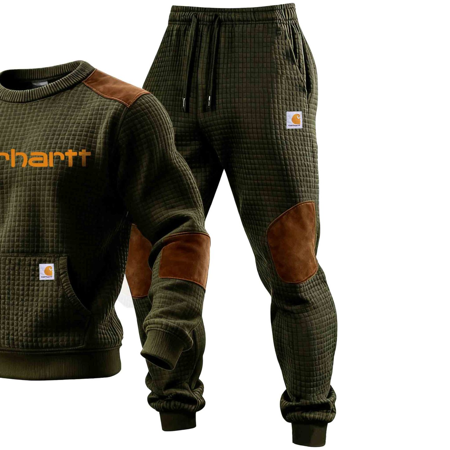 Men's Vintage Army Green Suede Crew Neck Sweatshirt And Sweatpants Jogger Set