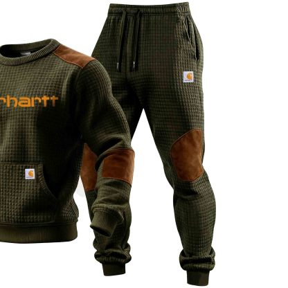 Men's Vintage Army Green Suede Crew Neck Sweatshirt And Sweatpants Jogger Set