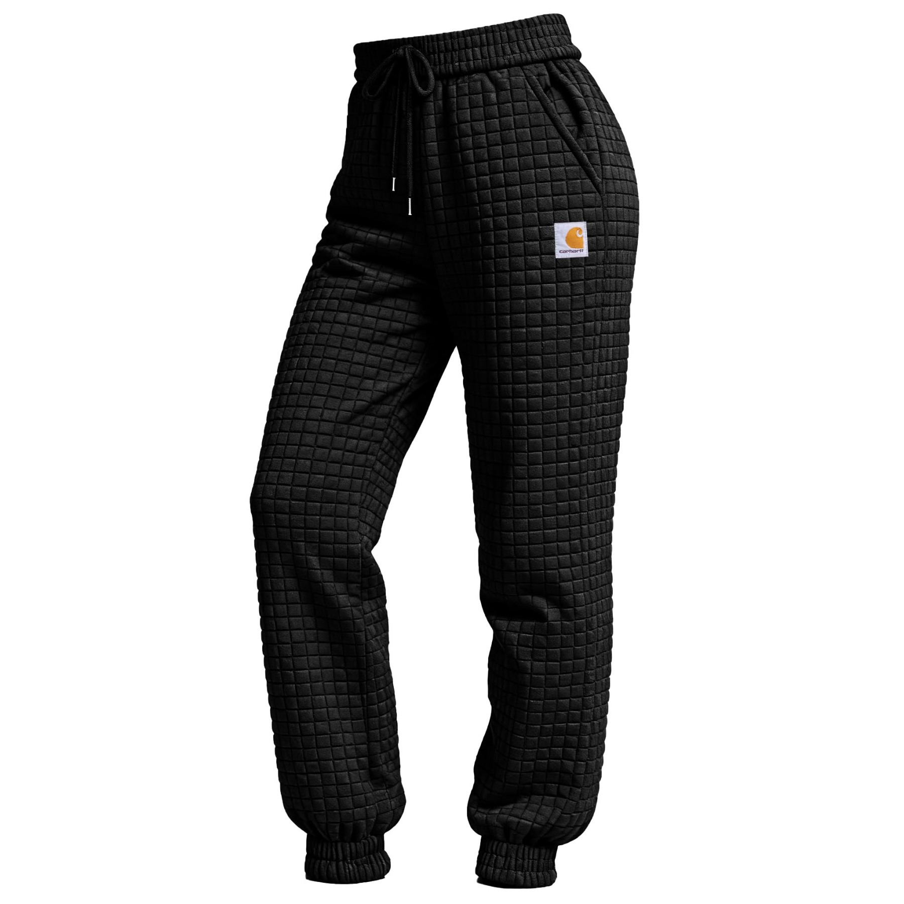 Women's Vintage Black Waffle Quilted Plaid Elastic Drawstring Jogging 