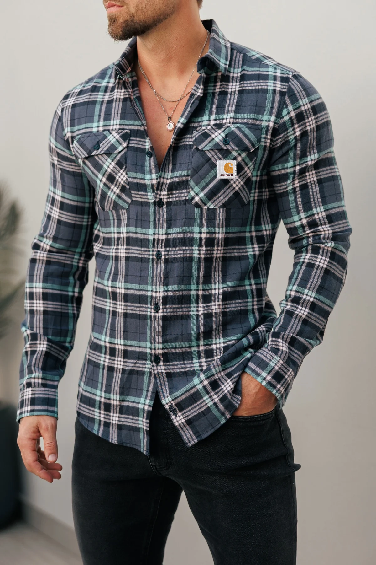 Casual Dark Tone Flannel Check Pattern Long Sleeve Shirt