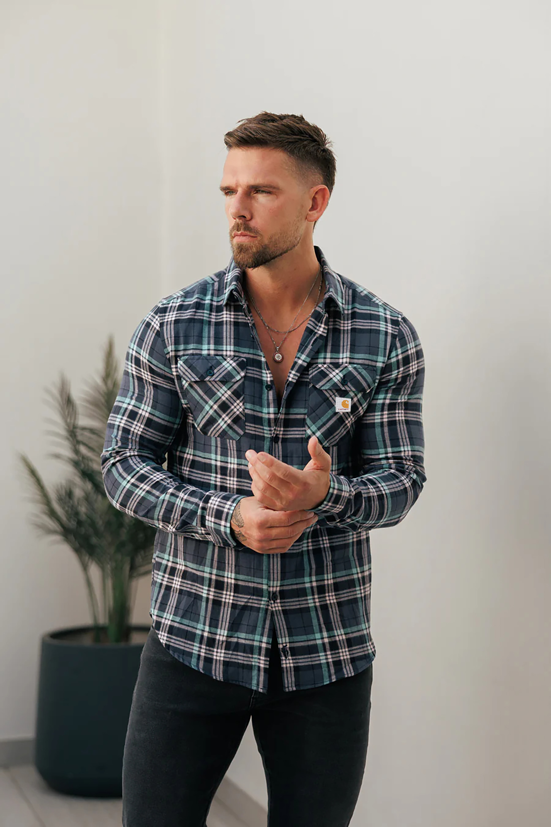 Casual Dark Tone Flannel Check Pattern Long Sleeve Shirt