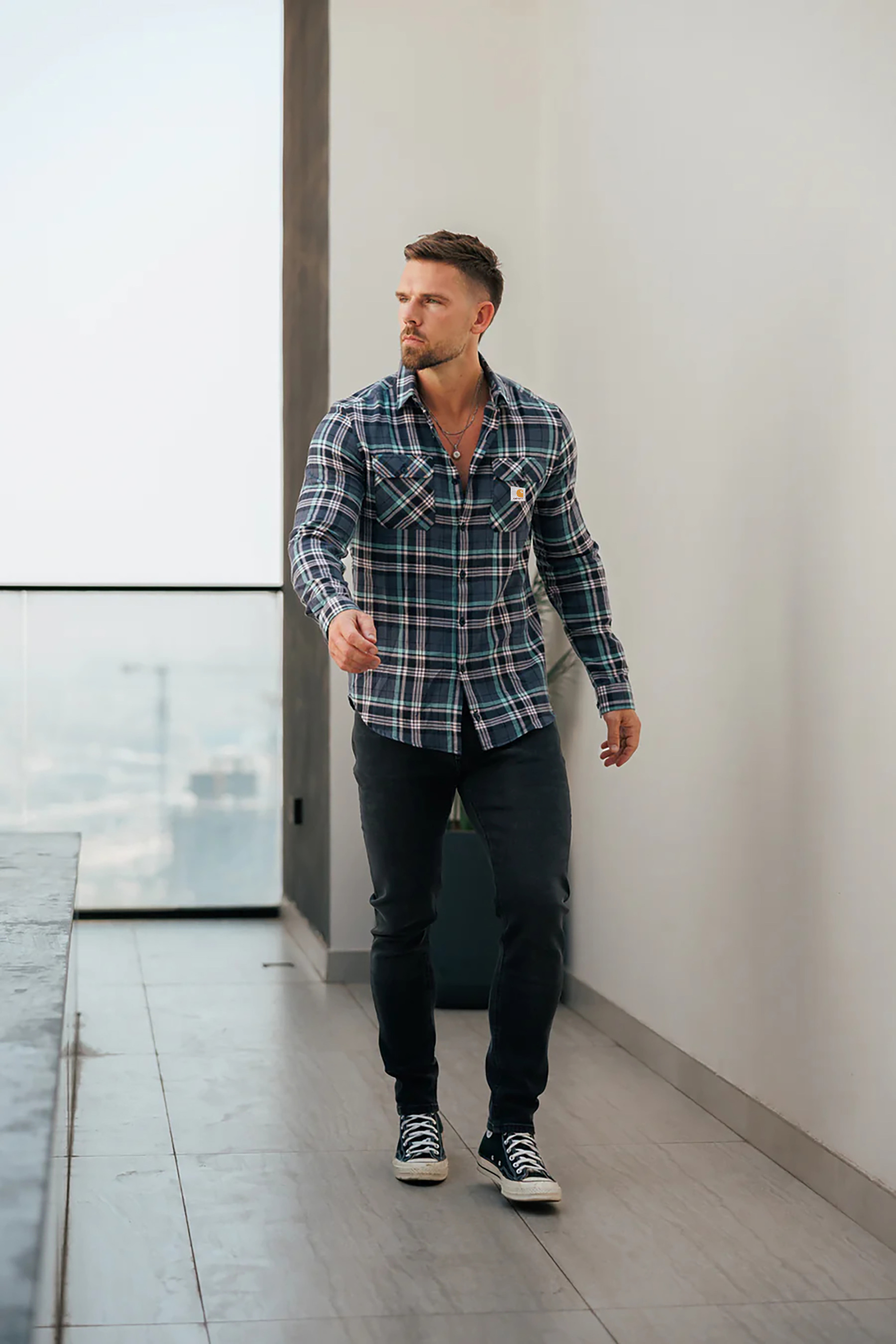 Casual Dark Tone Flannel Check Pattern Long Sleeve Shirt