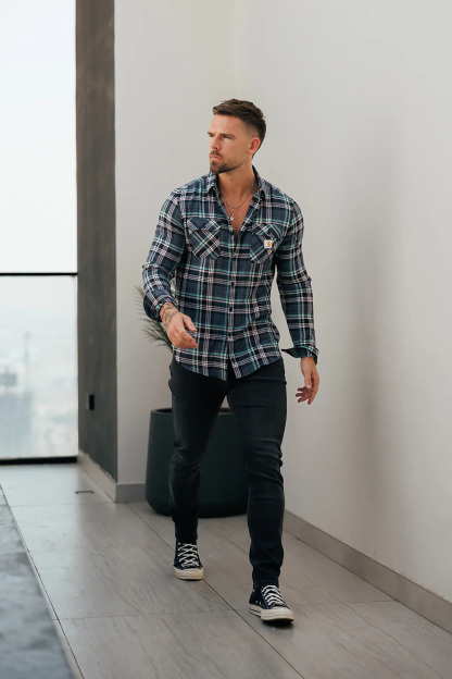 Casual Dark Tone Flannel Check Pattern Long Sleeve Shirt