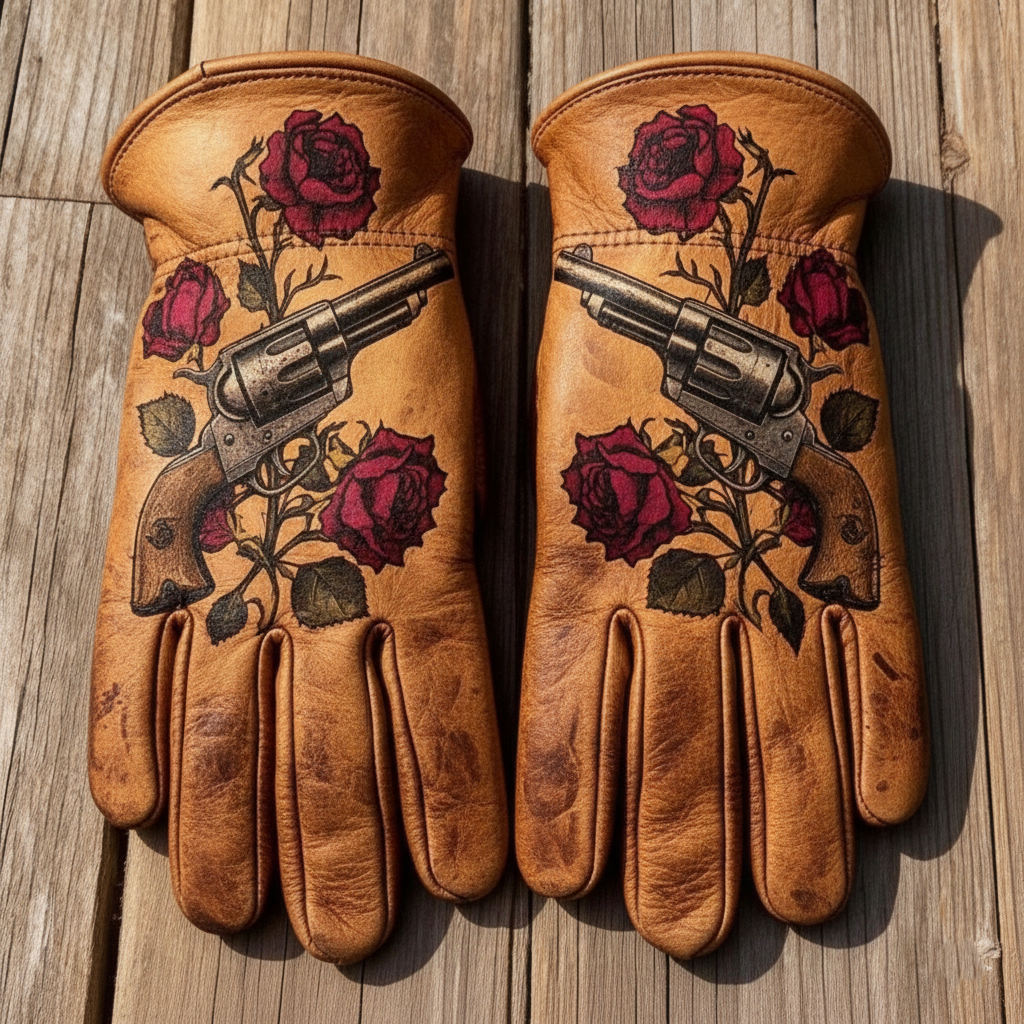Western outlaw style revolvers and red roses leather work gloves