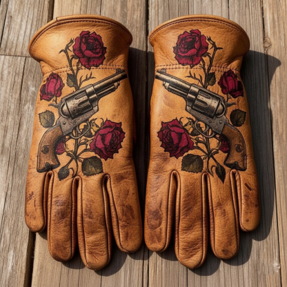 Western outlaw style revolvers and red roses leather work gloves