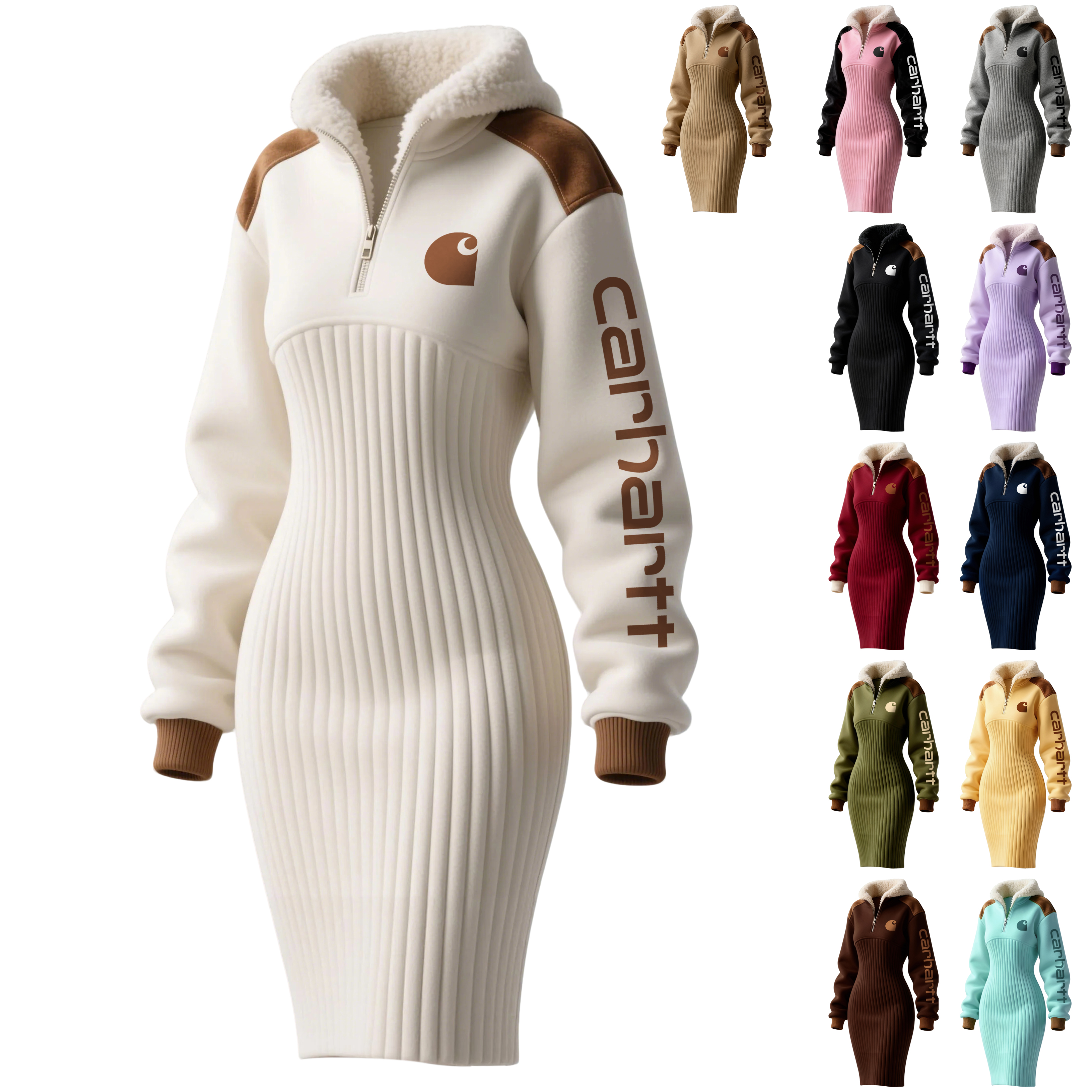 Women's Contrast Color Stitching Suede Lambswool Lapel Hooded Long Sweatshirt