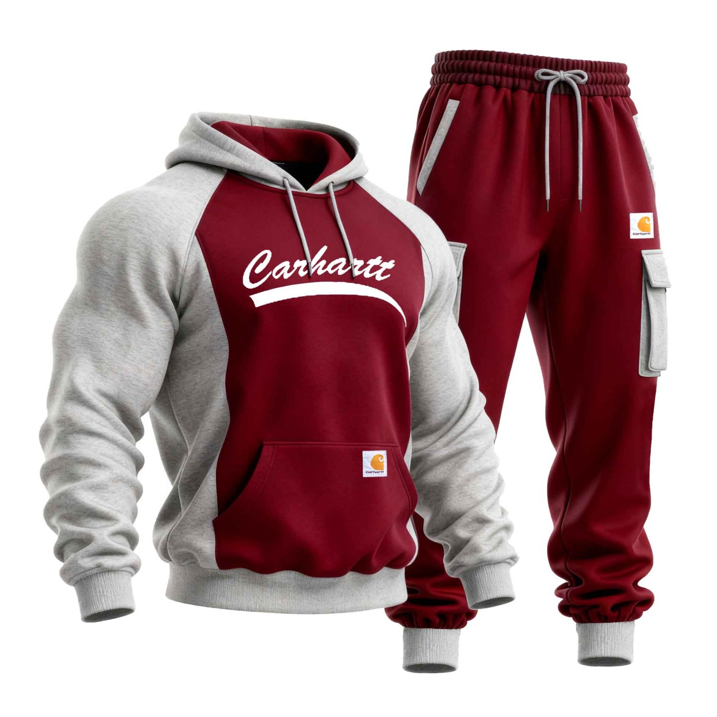 Men's Vintage Burgundy And Gray Pocket Hoodie And Sweatpants Jogger Se