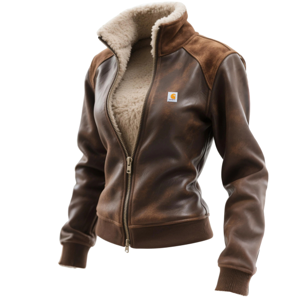 Women's Retro Leather Contrast Color Stitching Suede Zipper Stand Collar Coat Lambswool Lined Thickened Jacket