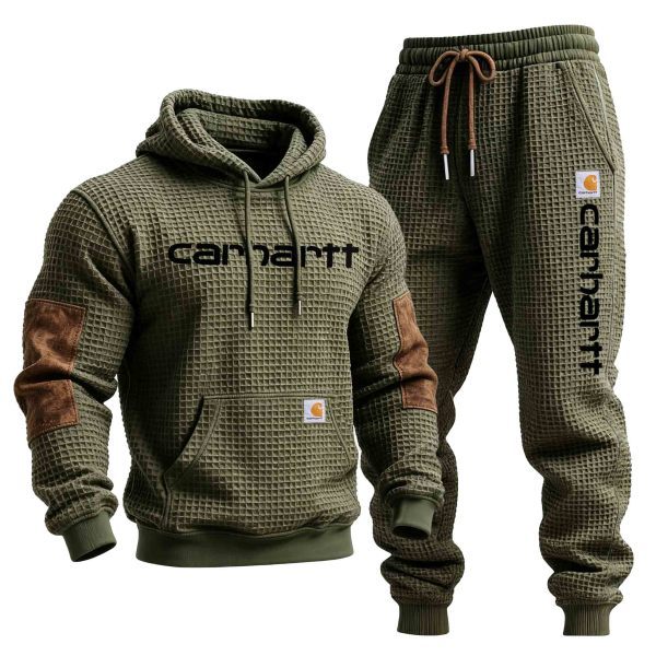 Men's Vintage Army Green Waffle Pocket Hoodie and Sweatpants Jogger Se