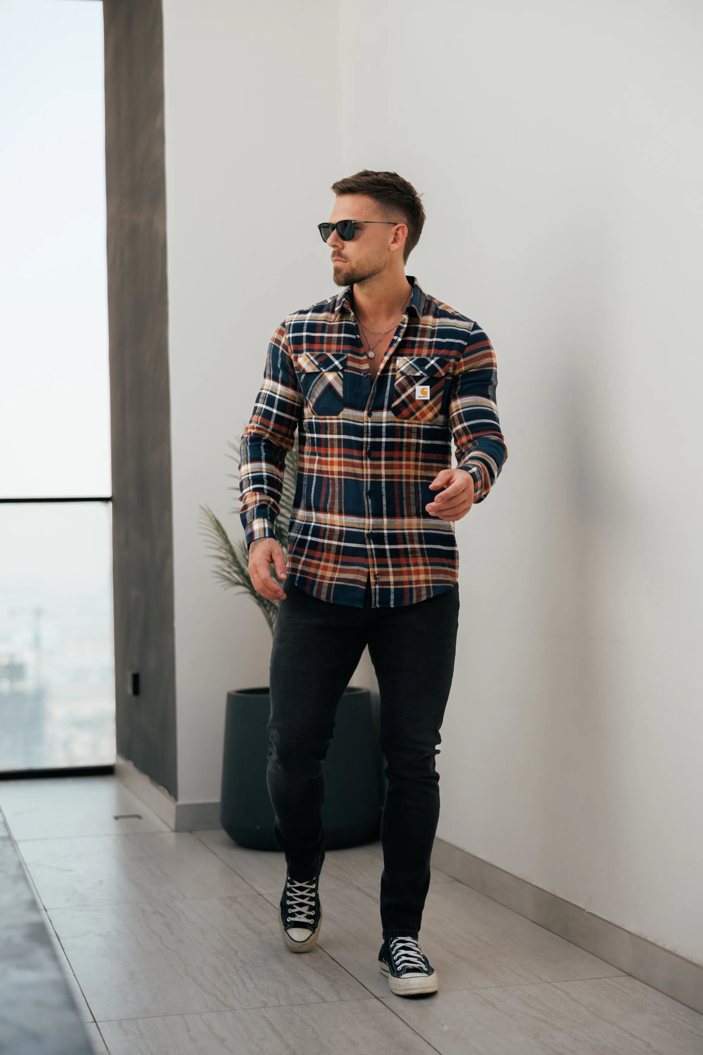 Vintage Earth Tone Check Pattern Long Sleeve Button-Up Shirt