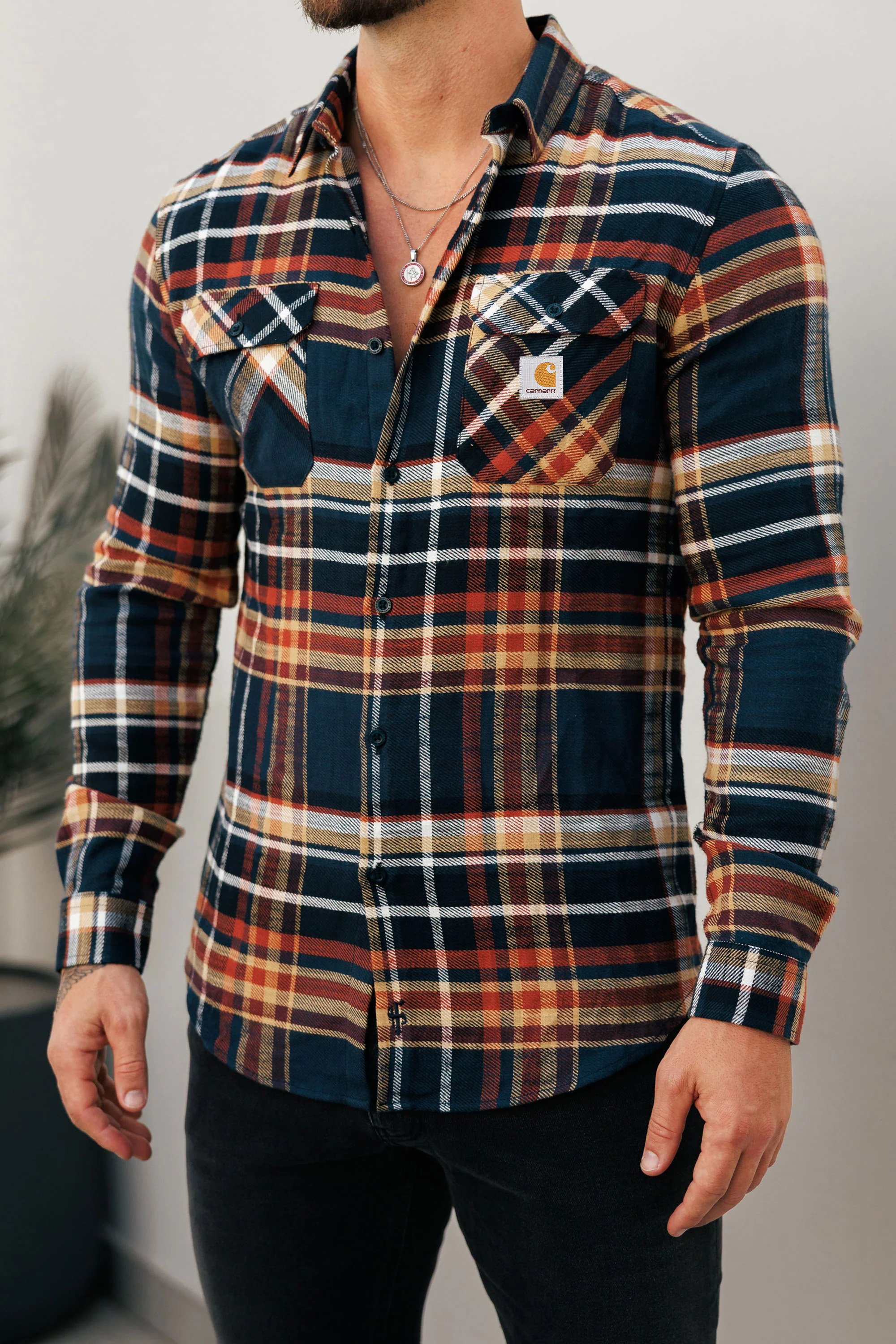 Vintage Earth Tone Check Pattern Long Sleeve Button-Up Shirt