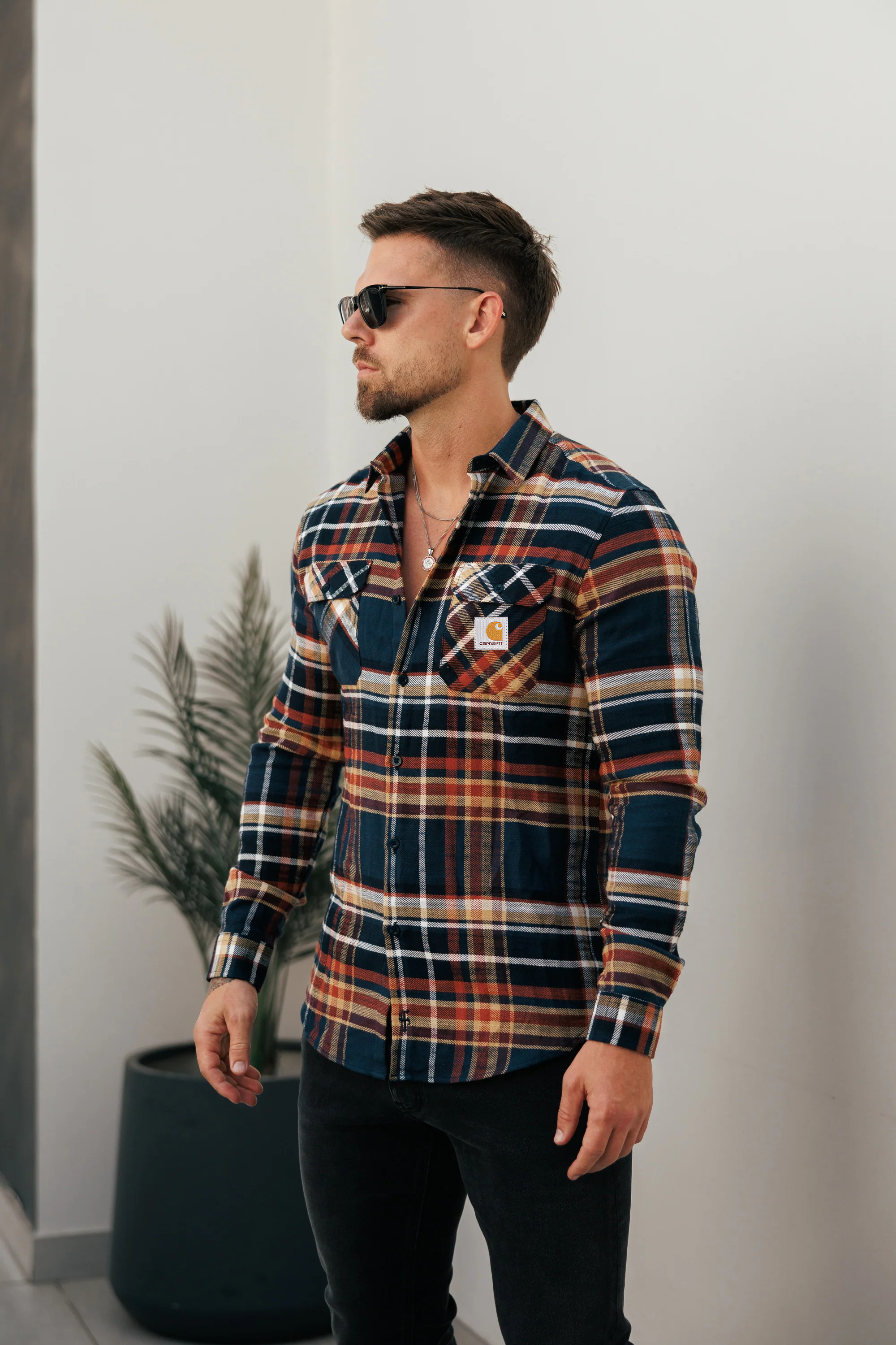 Vintage Earth Tone Check Pattern Long Sleeve Button-Up Shirt