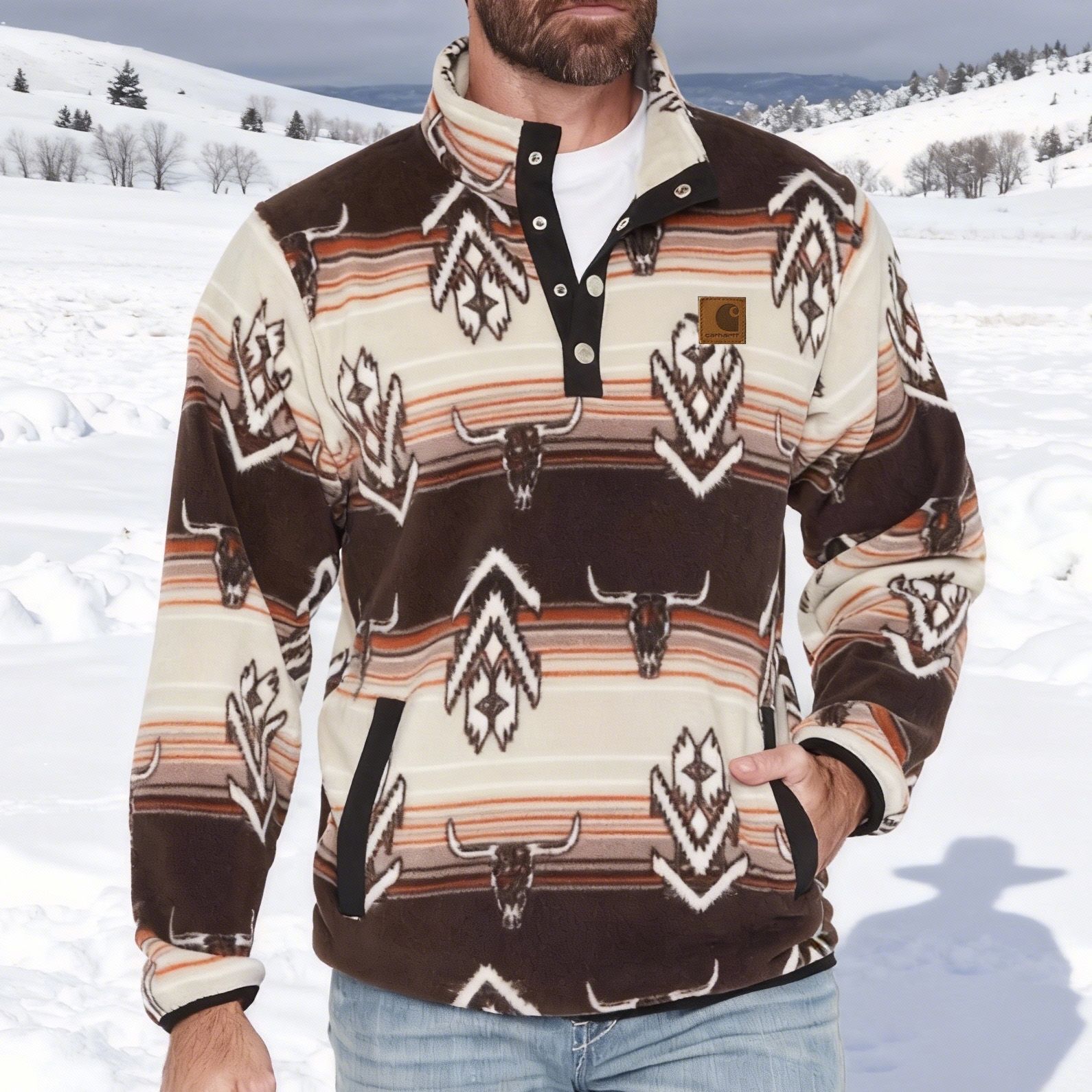 Vintage western aesthetic tribal print winter warm quarter snap fleece sweatshirt