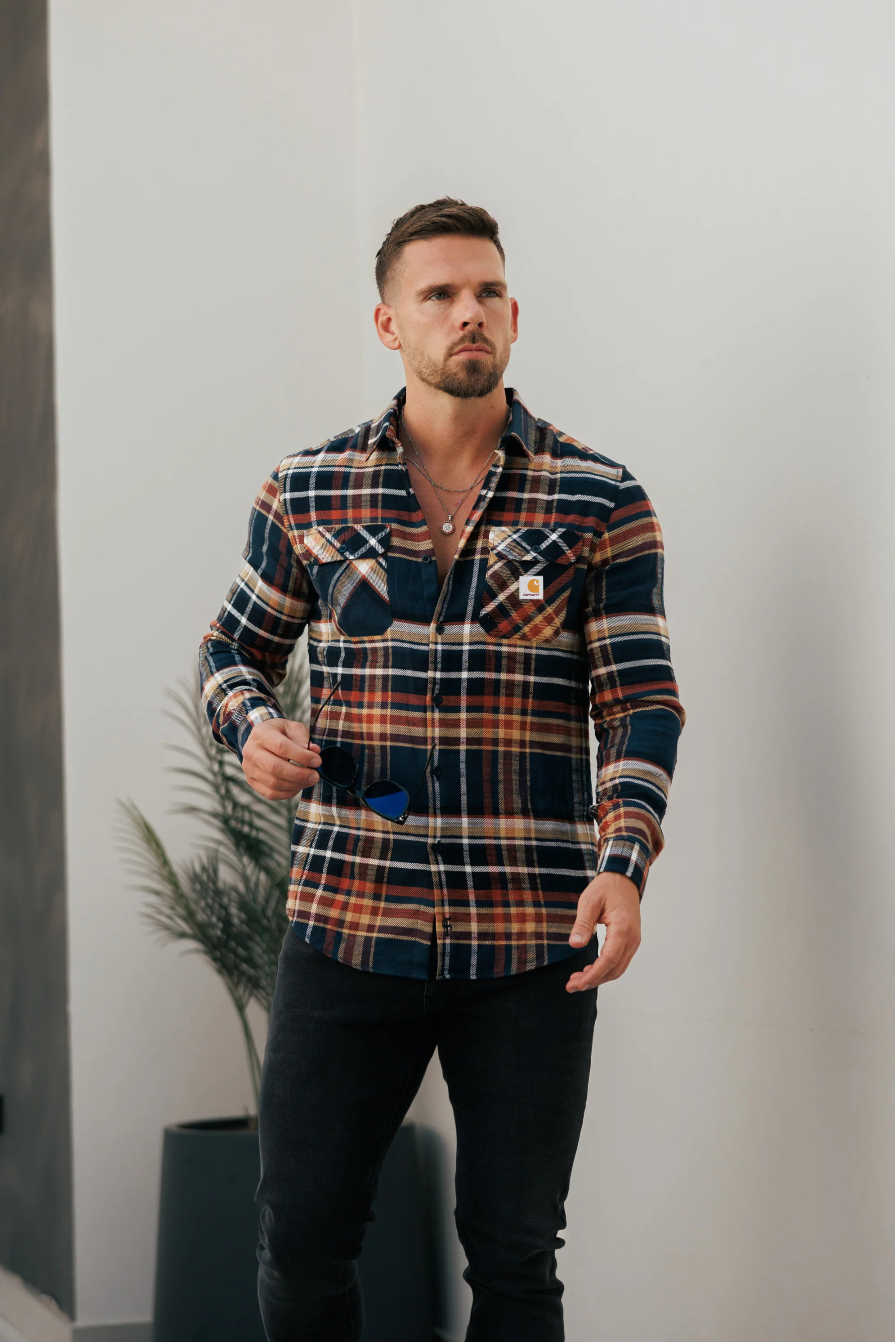 Vintage Earth Tone Check Pattern Long Sleeve Button-Up Shirt