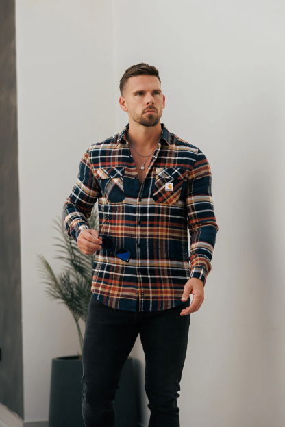 Vintage Earth Tone Check Pattern Long Sleeve Button-Up Shirt