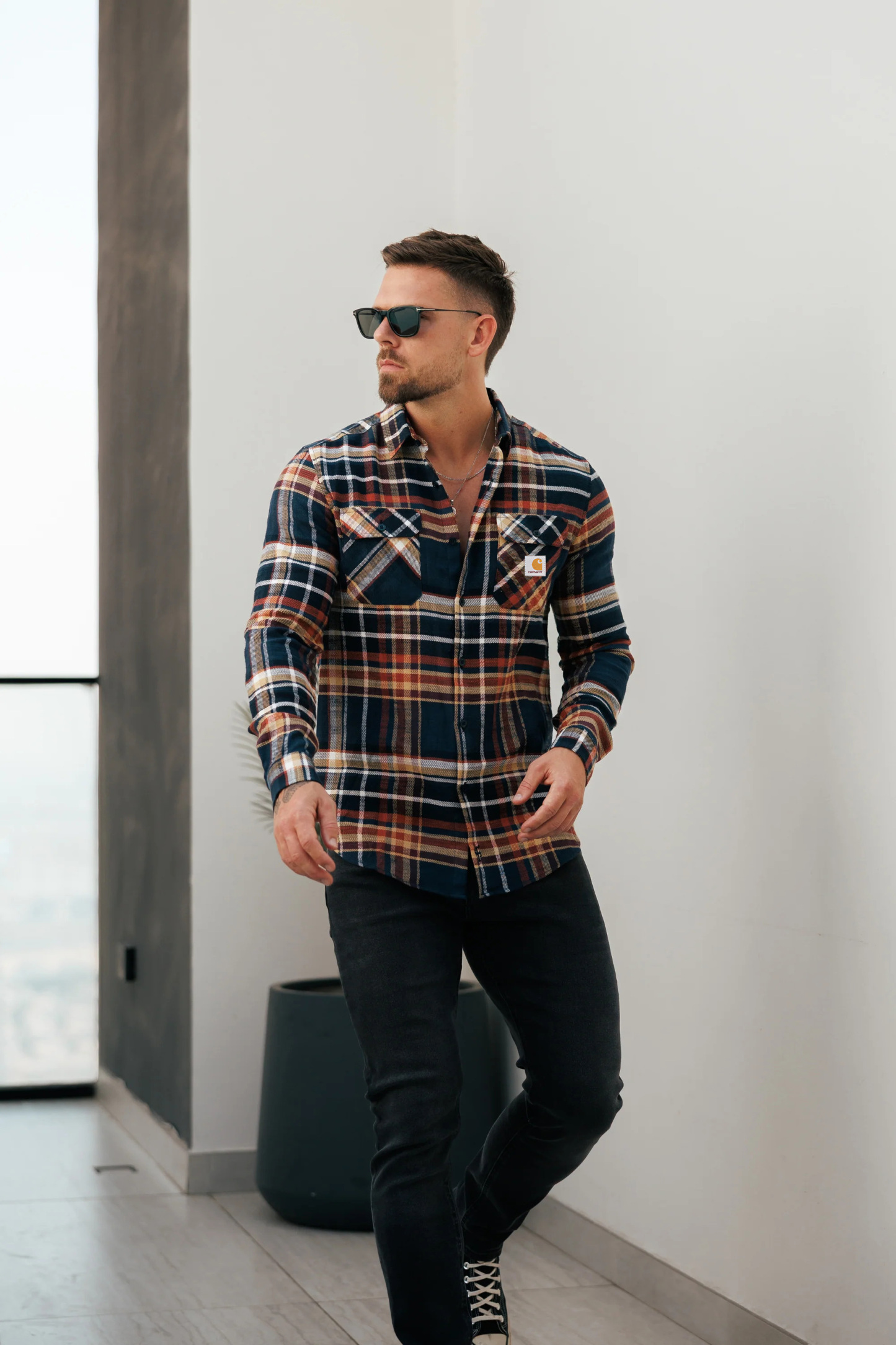 Vintage Earth Tone Check Pattern Long Sleeve Button-Up Shirt