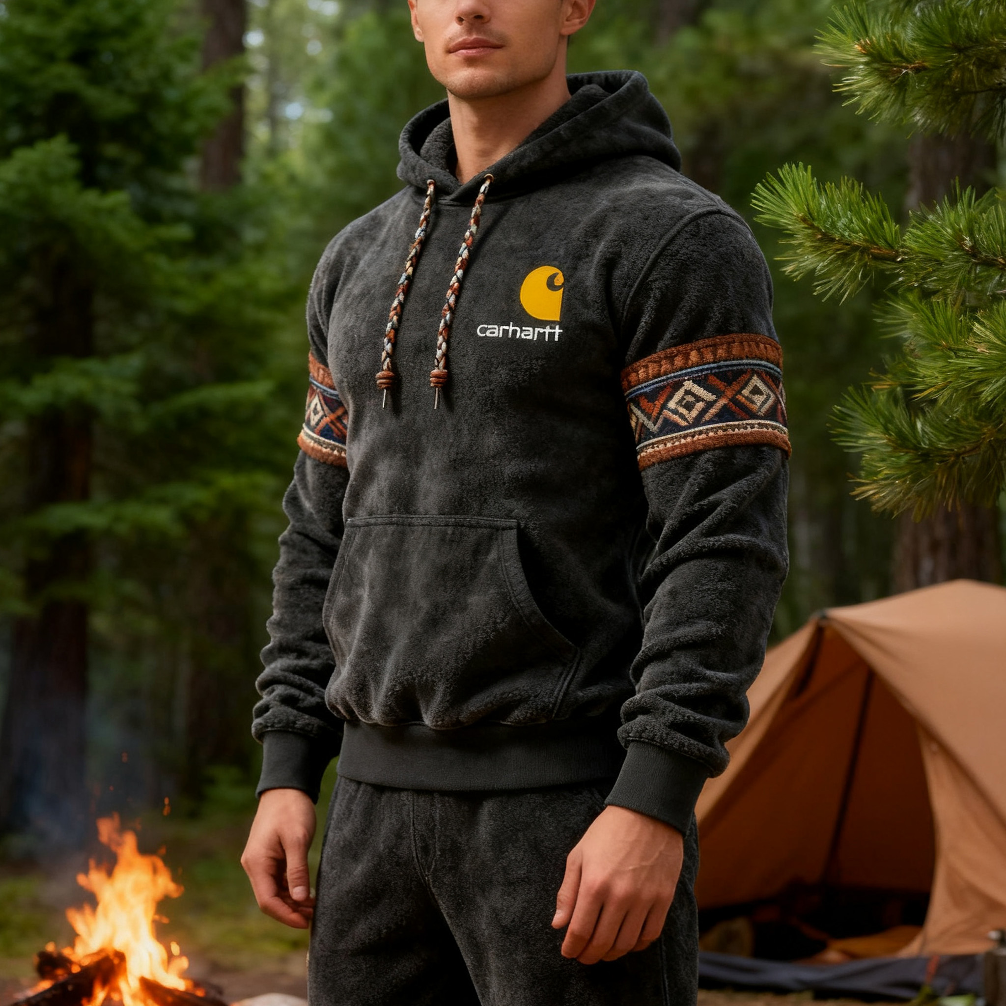 Outdoor men's casual contrast color stitching hooded sweatshirt retro western sweatshirt