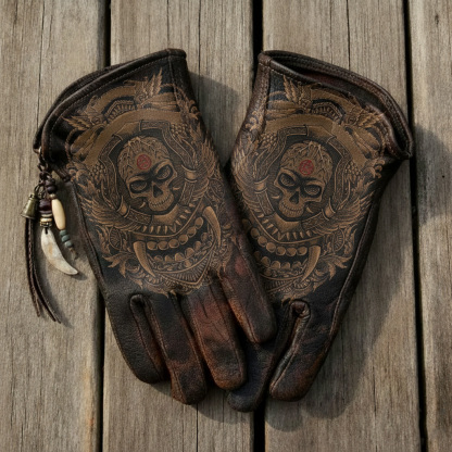 Dark Fantasy Ornate Skull Embossed Vintage Handcrafted Leather Riding Gloves