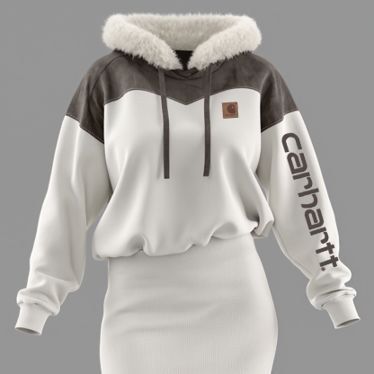 Women's Fashion Vintage Hooded Sweatshirt Dress With Faux Fur Trim