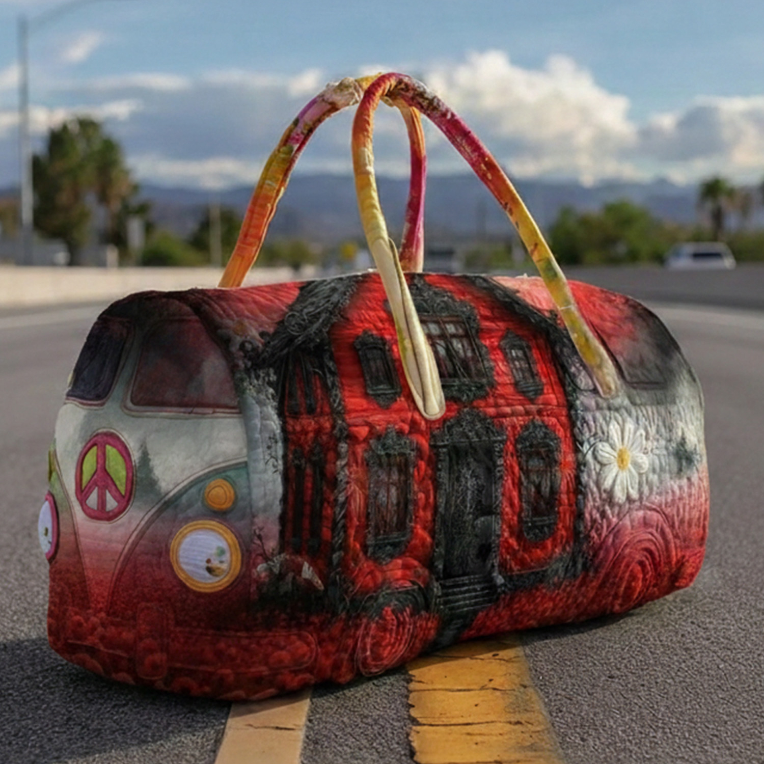 Patchwork Camper, Cottage & Daisy Roll Bag Quilted Duffle Bag