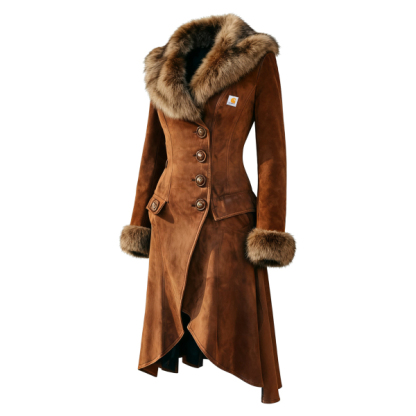 Women's Retro Western Style Suede Mid-Length Coat Fur Collar Lapel Jacket