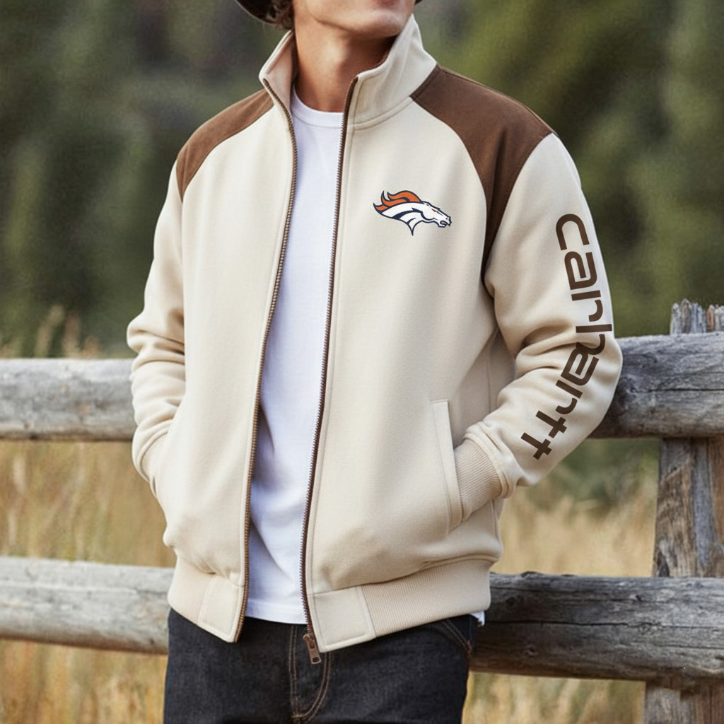 Denver Broncos Retro Hoodie With Color Block Suede Stand Collar, Warm Jacket