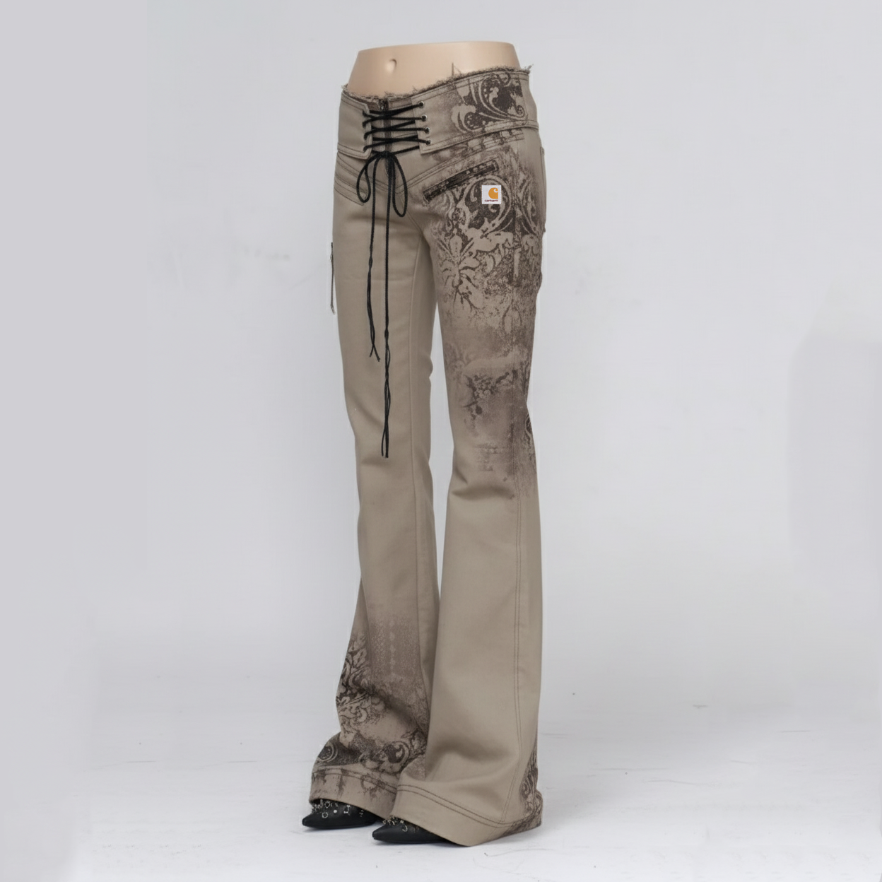 Bohemian chic khaki floral print lace up flared pants