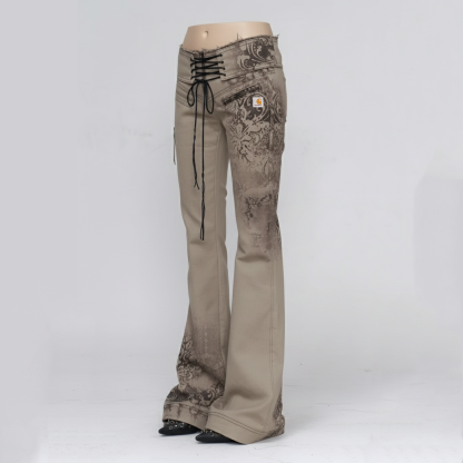 Bohemian chic khaki floral print lace up flared pants