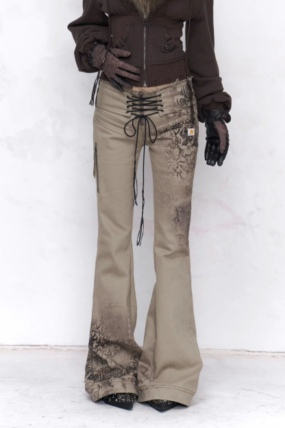 Bohemian chic khaki floral print lace up flared pants